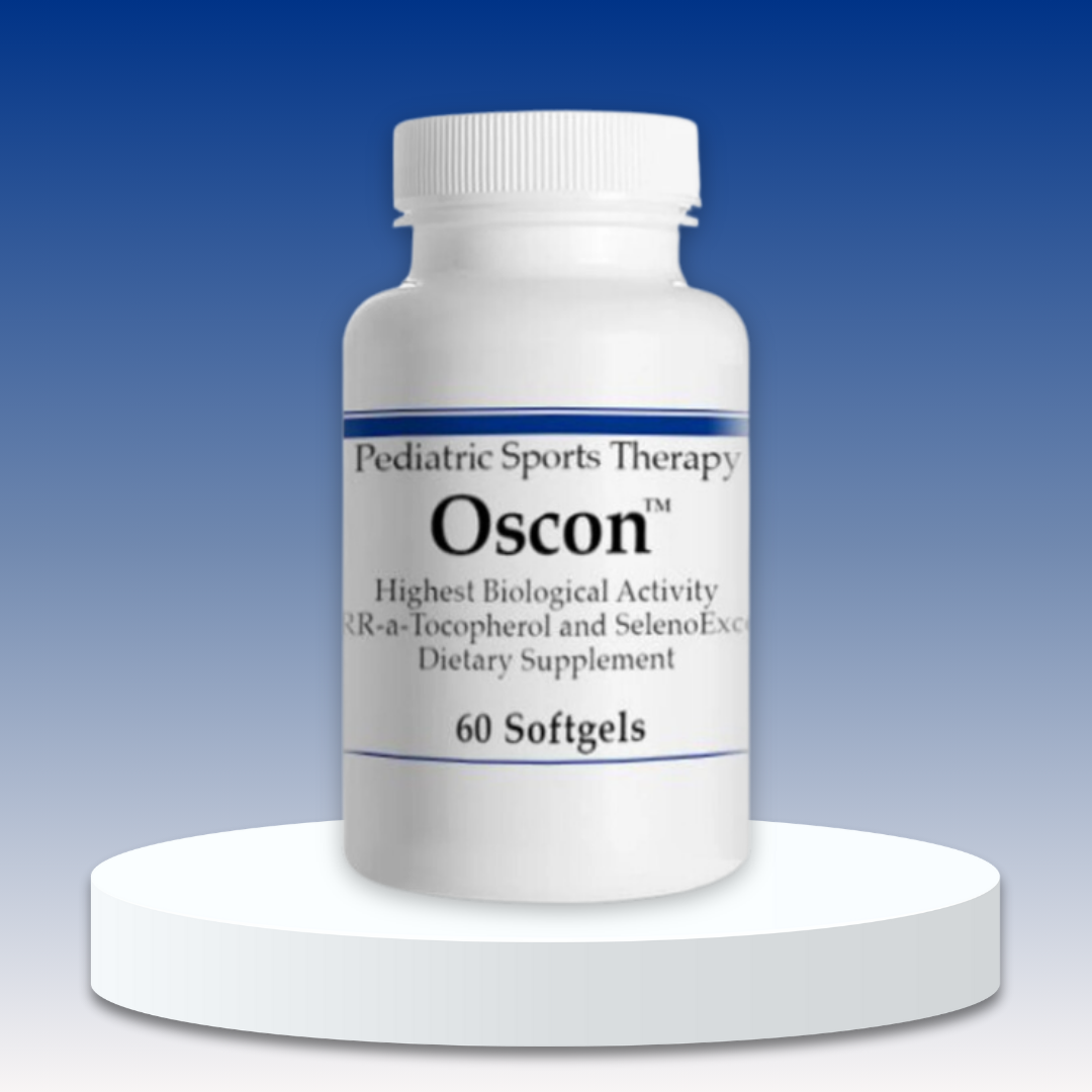 Bottle of Oscon for pediatric sports therapy containing 60 softgels on a blue background