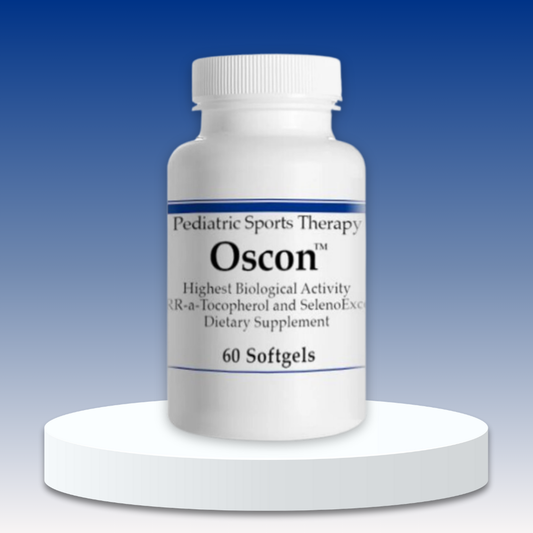 Bottle of Oscon for pediatric sports therapy containing 60 softgels on a blue background