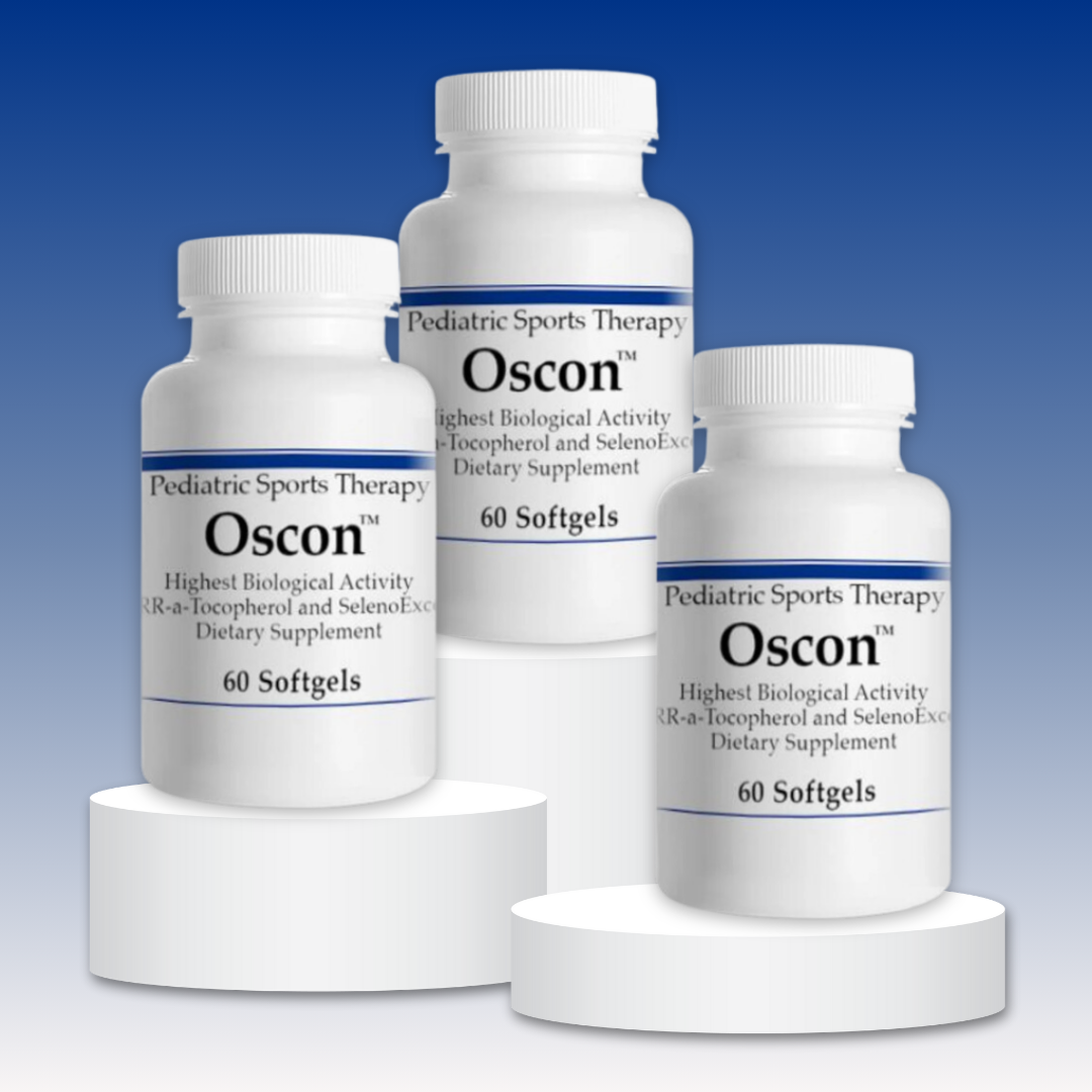Three bottles of Oscon for pediatric sports therapy containing 60 softgels each on a blue background