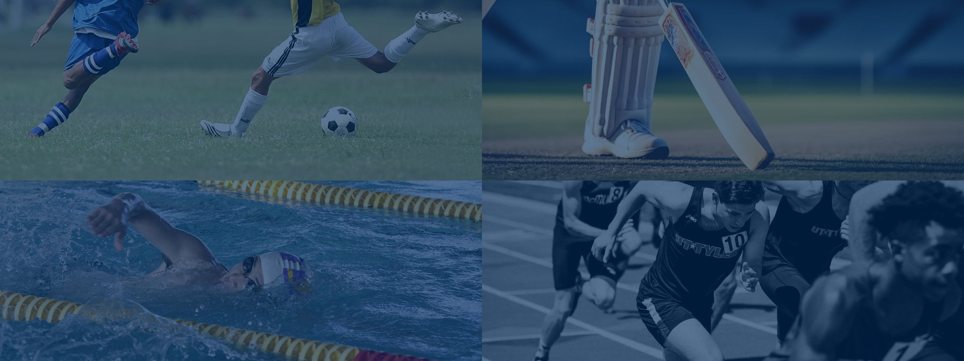 4 images displaying football, cricket, swimming, and running all with a blue tint.