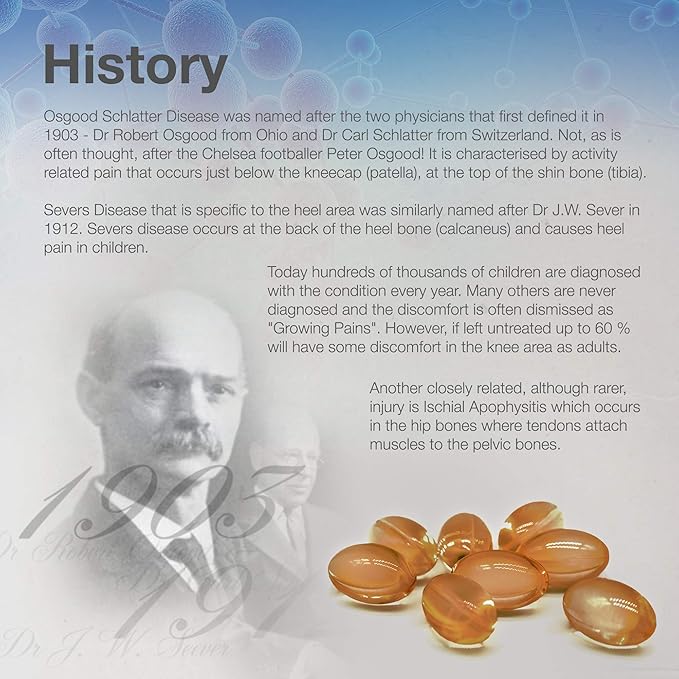Educational poster about Osgood Schlatter Disease with text and images of a historical figure and pills.