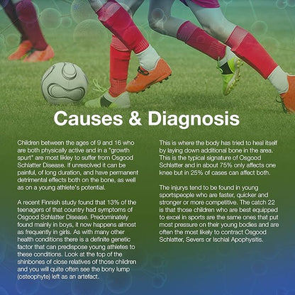 Soccer players in action with text about Osgood Schlatter Disease on a green and blue gradient background
