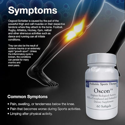 Advertisement for Oscon dietary supplement with a leg showing pain and text about symptoms of Osgood Schlatter disease.
